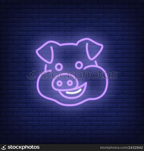 Smiling pig cartoon character. Neon sign element. Night bright advertisement. Vector illustration for new year, twenty nineteen, restaurant menu