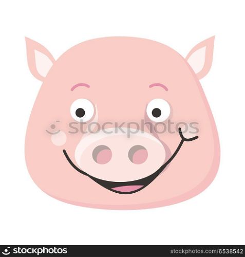 Smiling pig face vector. Flat design. Animal head icon. Illustration for nature concepts, children s books illustrating, printing materials, web. Funny mask or avatar. Isolated on white background . Pig Face Vector Illustration in Flat Design. Pig Face Vector Illustration in Flat Design