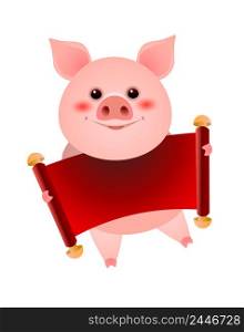 Smiling pig holding blank red banner vector illustration. New Year symbol, Chinese New Year, message. Holiday concept. Can be used for greeting cards, invitations, posters, leaflets, brochure