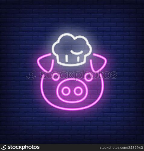 Smiling pig in chef hat. Neon sign element. Night bright advertisement. Vector illustration for restaurant, cafe, diner, menu, advertising design