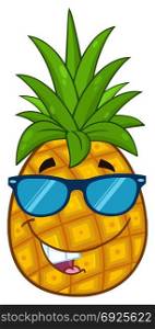 Smiling Pineapple Fruit With Green Leafs And Sunglasses Cartoon Mascot Character Design. Illustration Isolated On White Background