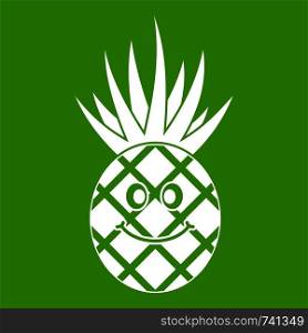 Smiling pineapple icon white isolated on green background. Vector illustration. Smiling pineapple icon green