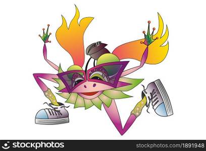 Smiling pink frog cartoon personage. Running girl with glasses and sneackers. Vector illustration