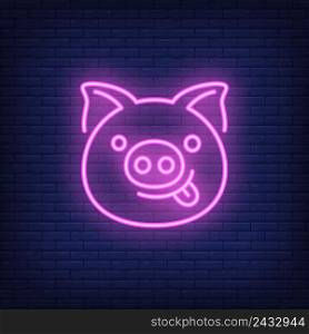 Smiling pink pig cartoon character. Neon sign element. Night bright advertisement. Vector illustration for restaurant, cafe, diner, menu, advertising design