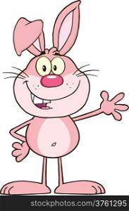 Smiling Pink Rabbit Cartoon Character Waving For Greeting