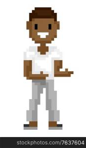 Smiling pixel character shooting, portrait and full length view of man in white clothes, male with dark skin, old game, pixel-art computer graphic vector. Man Pixel Character Shooting, Old Game Vector