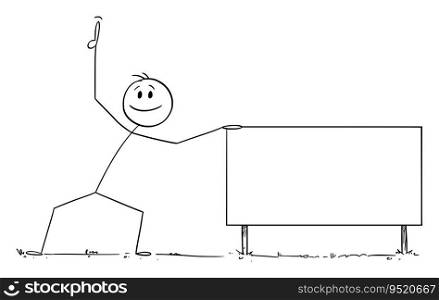 Smiling positive person holding empty sign and pointing up, vector cartoon stick figure or character illustration.. Positive Person Pointing Up and Holding Empty Sign, Vector Cartoon Stick Figure Illustration