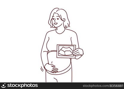 Smiling pregnant woman touch belly show scan of embryo. Happy future mom hold ultrasound picture of baby. Pregnancy and motherhood. Vector illustration. . Smiling pregnant woman with baby scan 