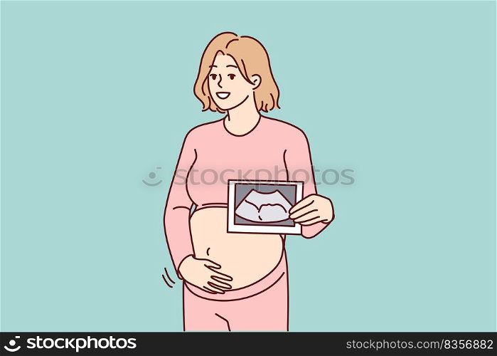 Smiling pregnant woman touch belly show scan of embryo. Happy future mom hold ultrasound picture of baby. Pregnancy and motherhood. Vector illustration. . Smiling pregnant woman with baby scan 
