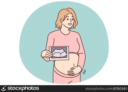 Smiling pregnant woman touch belly show scan of embryo. Happy future mom hold ultrasound picture of baby. Pregnancy and motherhood. Vector illustration.. Smiling pregnant woman with baby scan