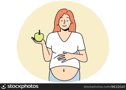 Smiling pregnant woman with apple. Vector Smiling young pregnant woman holding apple recommend healthy diet. Happy female follow pregnancy nutrition eat fruits. Vector illustration.. Smiling pregnant woman with apple