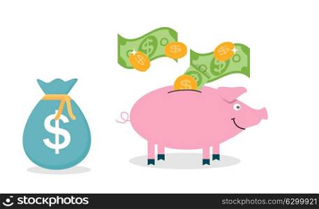 Smiling, pretty pink pig piggy bank with falling coins - Contribution to the Future. Vector Illustration. EPS10. Smiling, pretty pink pig piggy bank with falling coins - Contrib