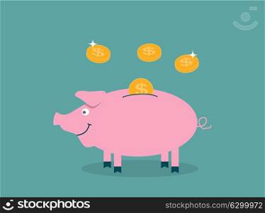 Smiling, pretty pink pig piggy bank with falling coins - Contribution to the Future. Vector Illustration. EPS10. Smiling, pretty pink pig piggy bank with falling coins - Contrib