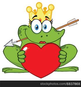 Smiling Princess Frog Cartoon Mascot Character With Crown And Arrow Holding A Love Heart. Illustration Isolated On White Background
