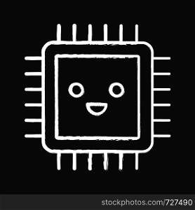 Smiling processor chalk icon. Well working microprocessor. Chip, microchip, chipset in good quality. CPU. Central processing unit. Integrated circuit. Isolated vector chalkboard illustration. Smiling processor chalk icon