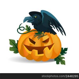 Smiling pumpkin and crow sitting on it. Halloween cartoon characters isolated flat vector illustration. Halloween party concept.. Smiling pumpkin and crow sitting on it