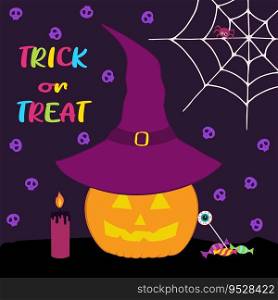 Smiling pumpkin in a hat with candle and candies. Purple background. Trick or treat. Happy Halloween. Hand drawn vector illustration