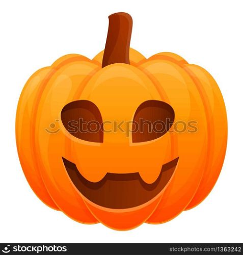 Smiling pumpkin with tooth icon. Cartoon of smiling pumpkin with tooth vector icon for web design isolated on white background. Smiling pumpkin with tooth icon, cartoon style
