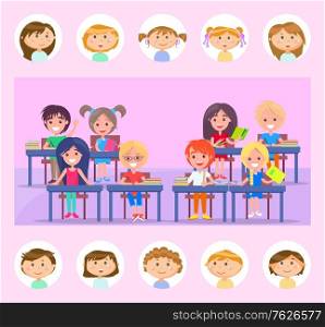 Smiling pupils sitting at table with books, kids reading literature, pink classroom. Round stickers of girls and boys, classmate portrait view vector. Back to school concept. Flat cartoon. Classmate and Classroom, Pupils with Books Vector