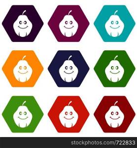 Smiling quince fruit icon set many color hexahedron isolated on white vector illustration. Smiling quince fruit icon set color hexahedron