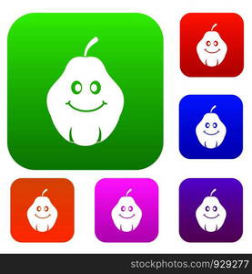 Smiling quince fruit set icon color in flat style isolated on white. Collection sings vector illustration. Smiling quince fruit set color collection