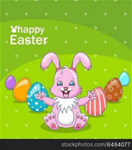 Smiling Rabbit Cartoon Girl with Eggs, Beautiful Bunny, Easter Background. Smiling Rabbit Cartoon Girl with Eggs, Beautiful Bunny, Easter Background - Illustration Vector
