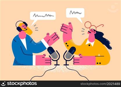 Smiling radio host talk with guest on microphone on live stream in air. Happy presenter have communication with speaker, record podcast together. Entertainment and amusement. Vector illustration. . Radio host talk with guest in air