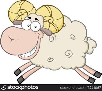 Smiling Ram Sheep Cartoon Mascot Character Jumping Illustration Isolated on white