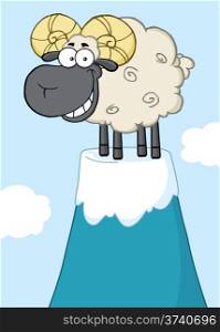Smiling Ram Sheep Cartoon Mascot Character On Top Of A Mountain Peak