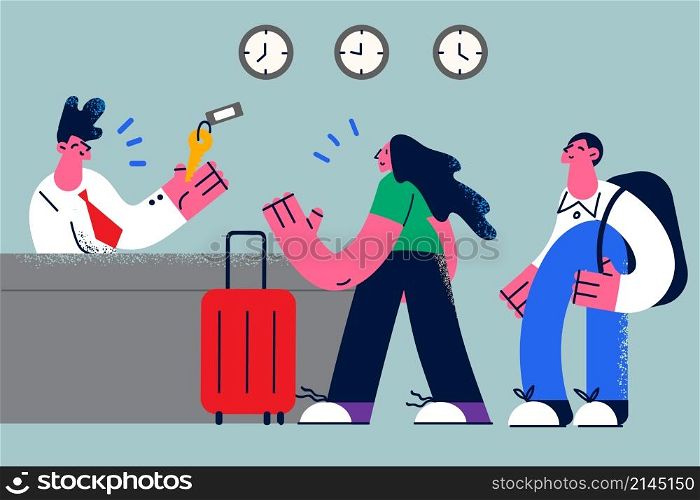 Smiling receptionist give key to couple traveler check in to hotel. Happy attentive male reception worker meet tourists guests in lobby. Travel and tourism concept. Flat vector illustration. . Smiling receptionist meet tourists give keys