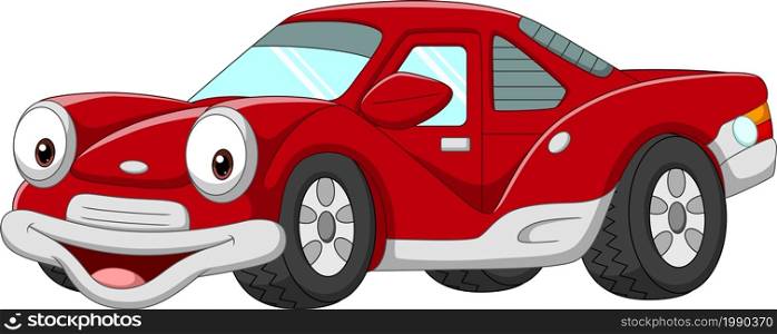 Smiling red car cartoon on white background