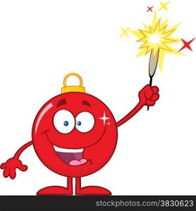 Smiling Red Christmas Ball Cartoon Character Giving A Fireworks