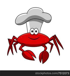 Smiling red crab chef cartoon character in white cook hat for seafood, restaurant or menu theme design. Cartoon smiling crab chef in white cook hat