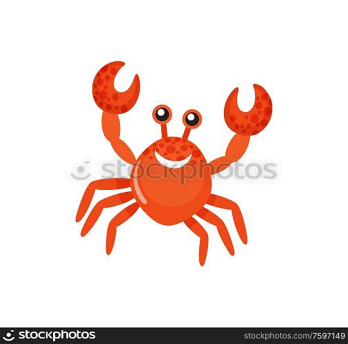 Smiling red crab with raised claws, sea animal, colorful glossy creature in flat design. Decoration water symbol, fishing icon isolated on white vector. Sea Animal with Raised Claws, Smiling Crab Vector