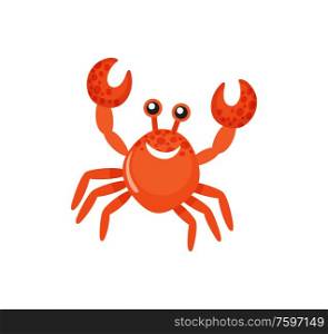 Smiling red crab with raised claws, sea animal, colorful glossy creature in flat design. Decoration water symbol, fishing icon isolated on white vector. Sea Animal with Raised Claws, Smiling Crab Vector