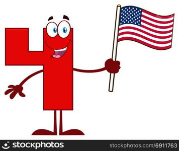 Smiling Red Number Four Cartoon Mascot Character Waving An American Flag. Illustration Isolated On White Background