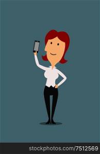 Smiling redhead businesswoman taking selfie portrait with smartphone, for social media or technology theme, cartoon flat style. Cartoon businesswoman taking selfie shot