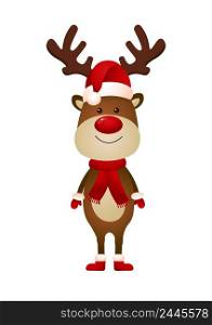 Smiling reindeer wearing Santa hat and scarf vector illustration. Christmas, New Year, character. Holiday concept. Vector illustration can be used for topics like celebration, winter, fantasy