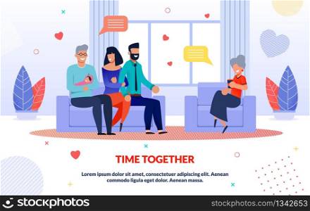 Smiling Relatives Spending Time Together at Home. Happy Grandparents and Young Family with Newborn Child Baby Sitting on Sofa in Living Room and Talking. Flat Poster. Cartoon Vector Illustration. Smiling Relatives Spending Time Together at Home
