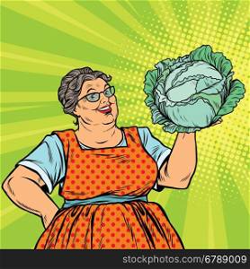 Smiling retro old woman with a head of green cabbage, pop art vector illustration. Vegetarian food and salad
