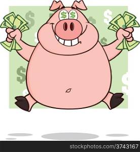 Smiling Rich Pig With Dollar Eyes And Cash Jumping Over Green