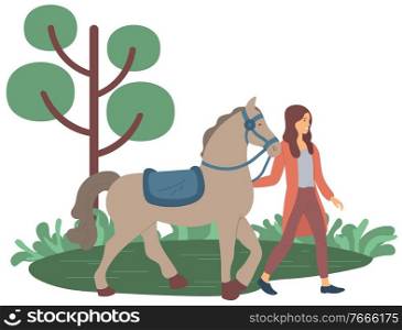 Smiling rider woman going with horse, ranch or park with green tree and grass, full length view of woman in casual clothes walking with animal vector. Woman Walking with Horse, Ranch or Farm Vector