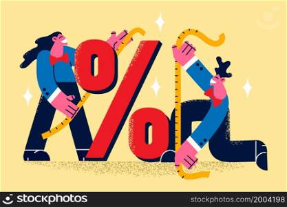 Smiling sale advisors measure discount range with tape in store or mall. Happy consultants show big promotion deals or retail offers in shop. Seasonal price drop. Fashion, style. Vector illustration. . Smiling sale advisors measure discounts with tapes