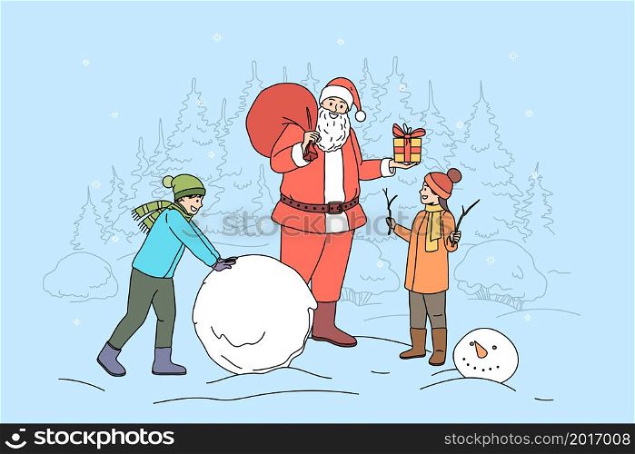 Smiling Santa Claus greeting children outdoor with New Year give presents. Happy father Christmas congratulate kids playing outside with gifts on winter holidays. Flat vector illustration. . Santa Claus greeting children with New Year
