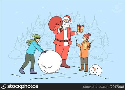 Smiling Santa Claus greeting children outdoor with New Year give presents. Happy father Christmas congratulate kids playing outside with gifts on winter holidays. Flat vector illustration. . Santa Claus greeting children with New Year
