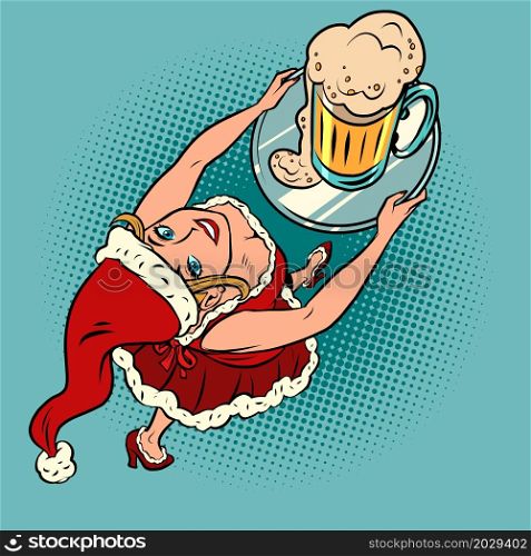 smiling santa claus waiter with a beer mug, Christmas bar pub restaurant. Comic cartoon vintage retro hand drawing illustration. smiling santa claus waiter with a beer mug, Christmas bar pub restaurant