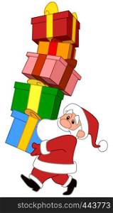 Smiling Santa Clause carrying a colorful gift boxes stack