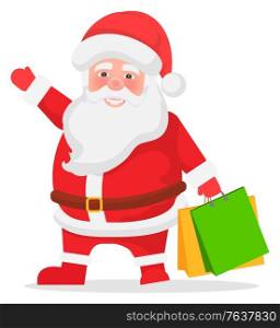 Smiling Santa in red festive costume holding purchases. Winter holiday character standing with colorful packages. Advertisement poster or postcard with Claus and present symbol on white vector. Christmas Sale, Santa Claus with Packages Vector