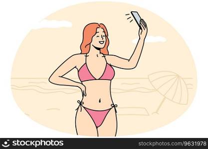 Smiling sexy young woman in bikini make self-portrait picture on cellphone on beach. Happy girl in swimsuit take selfie on smartphone on shore. Vector illustration.. Sexy woman in bikini make selfie on beach
