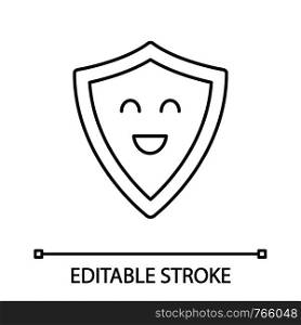 Smiling shield linear icon. Reliable protection, security. Thin line illustration. Easy safety. Defence. Happy shield. Emoji, emoticon. Contour symbol. Vector isolated outline drawing. Editable stroke. Smiling shield linear icon